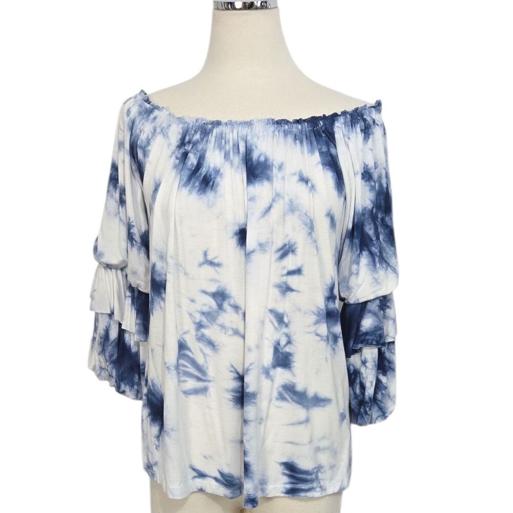 Seven7 Blue Tie Dye Off The Shoulder Blouse Small Ruffled Tiered Sleeve Boho Top